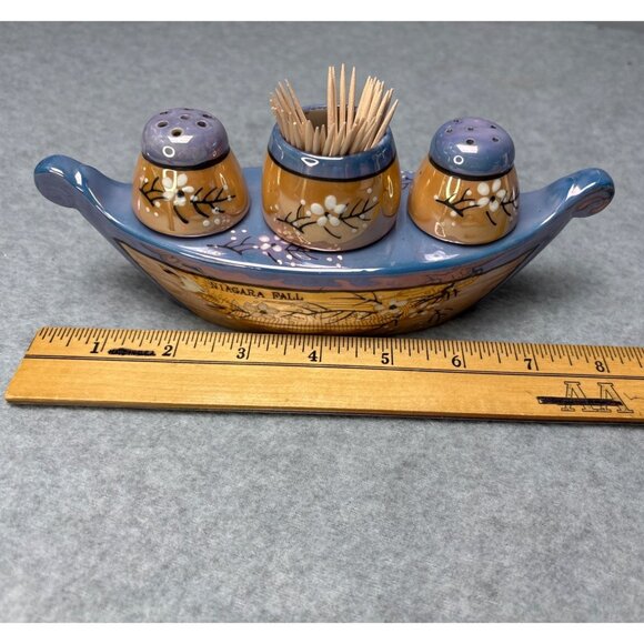 Niagara Falls Lusterware Salt & Pepper Shaker Boat Set with Toothpick Holder - Picture 8 of 11